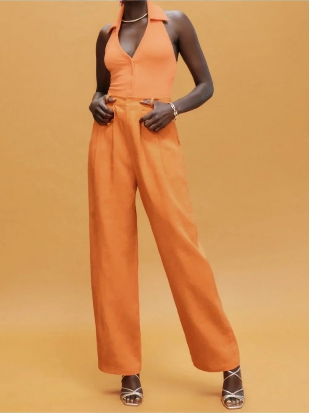 Reformation Vesta Wide Leg 100% Linen Citrus Orange Size 2
